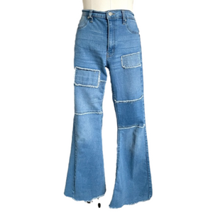 70s Style Patchwork Super High-Rise Flare Hippie Jeans - 28-29"/M